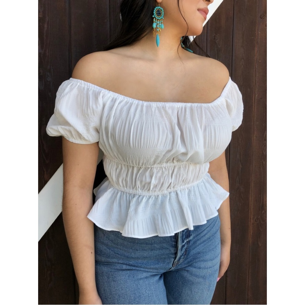 Cottage Core Peasant Off Shoulder Puff Sleeve Ruffle Top White Milkmaid